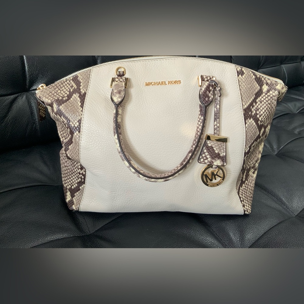 Michael Kors large leather and snake print handbag.  Handles and removable strap
